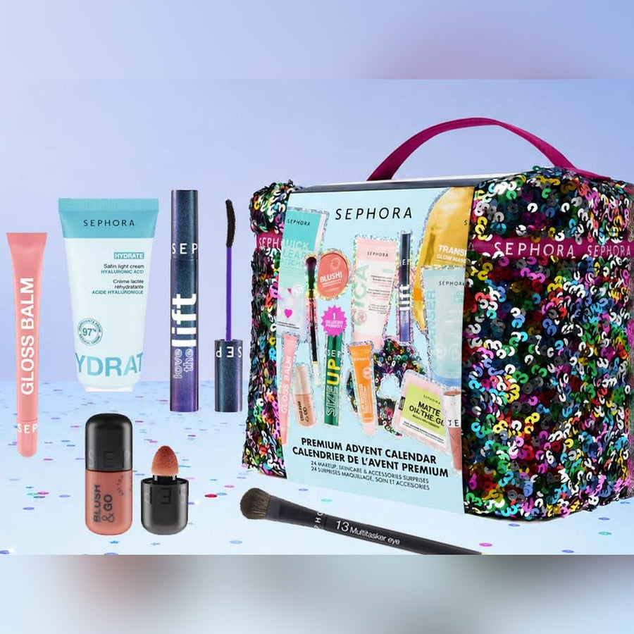 Calendrier de l’Avent Premium Sephora Collection 2026 — vanity à sequins et produits